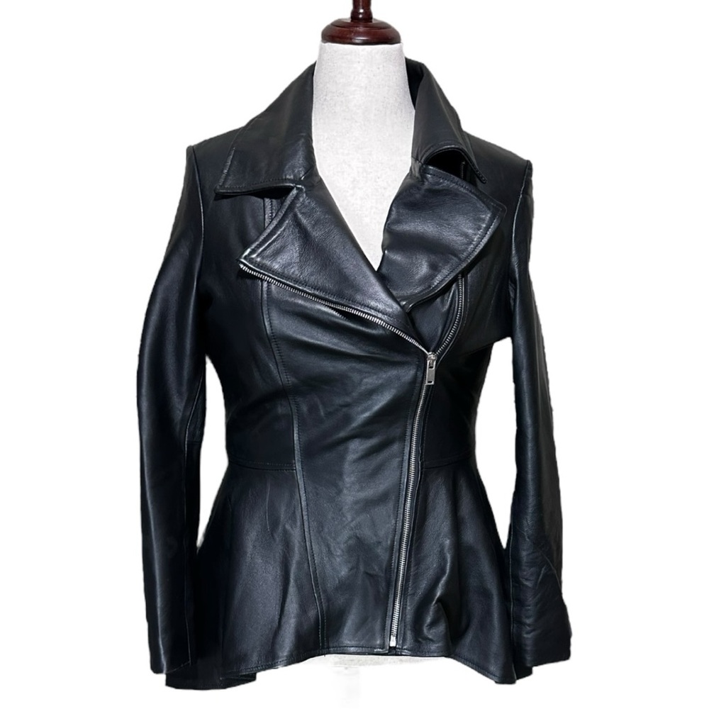 Black Leather Motorcycle Jacket with Asymmetrical Zipper